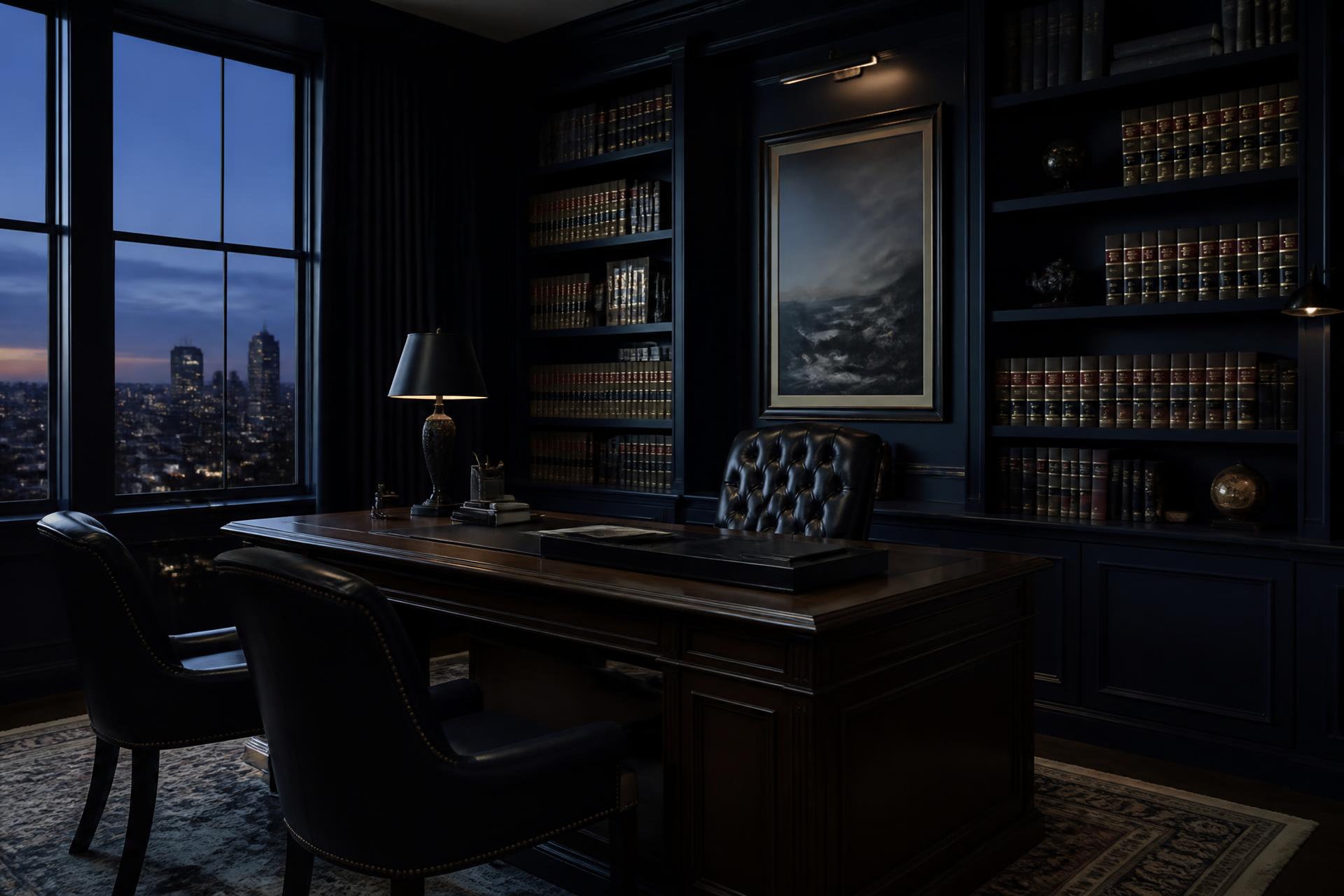 Law office interior with shelves of legal volumes