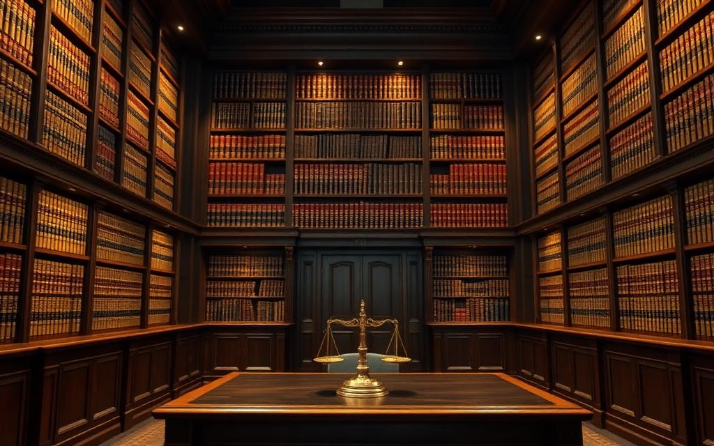 Law library with legal volumes and scales of justice