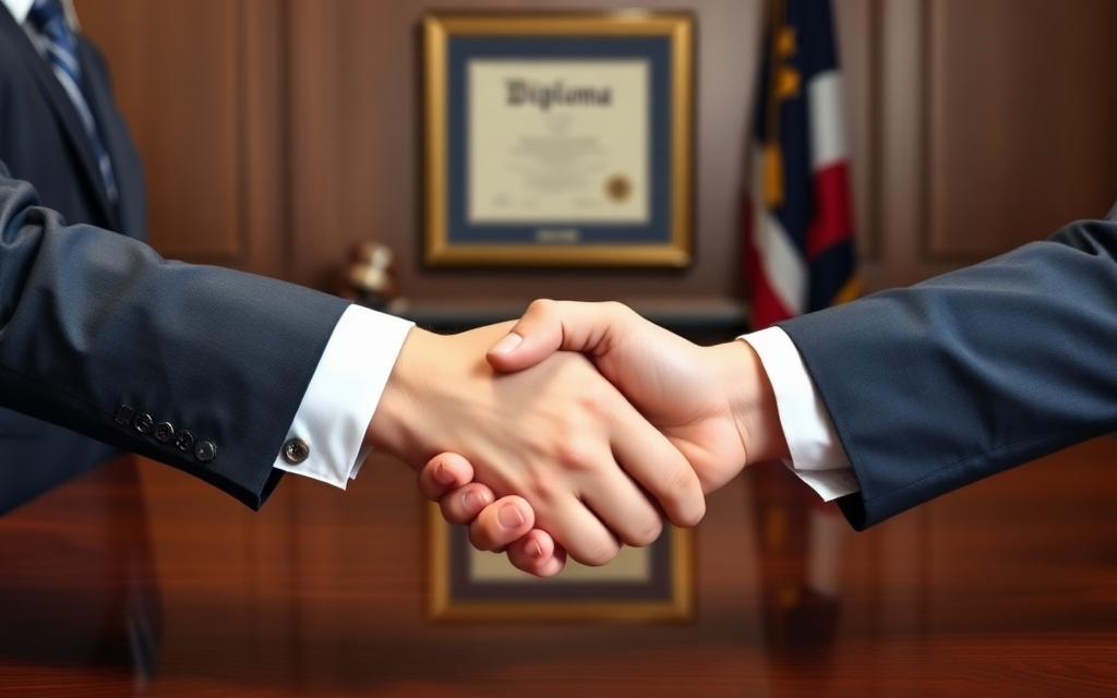 Professional handshake at the advocate's desk