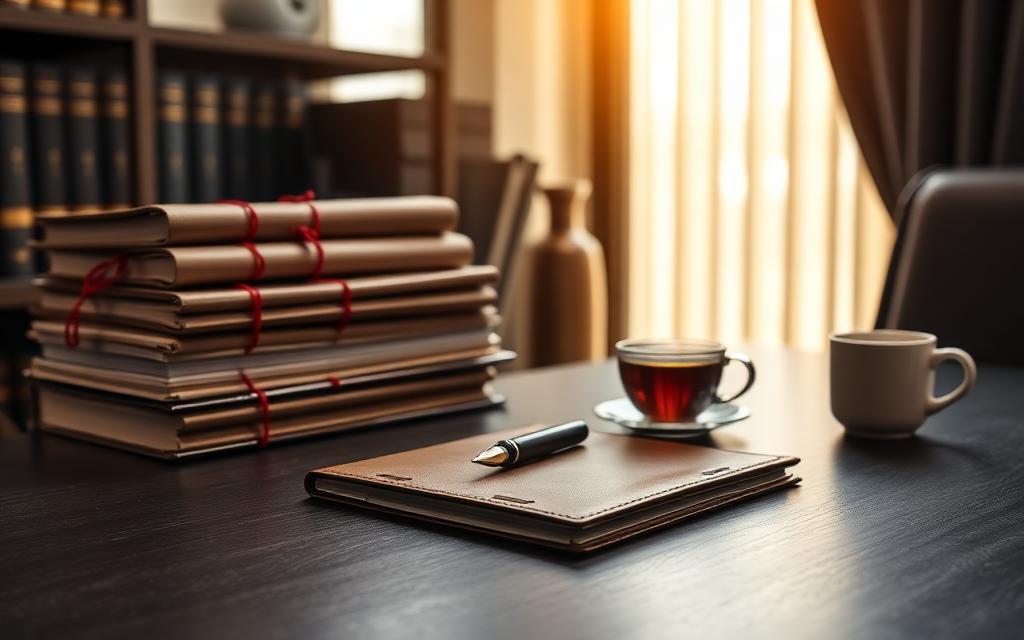 Advocate's desk with court files and legal pad